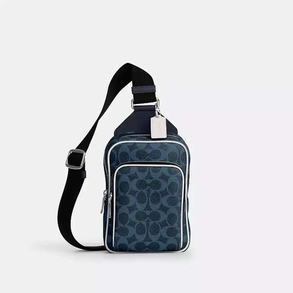 NWT Coach men Racer Sling Pack Signature Canvas Charms Silver/Ink Blue CET96